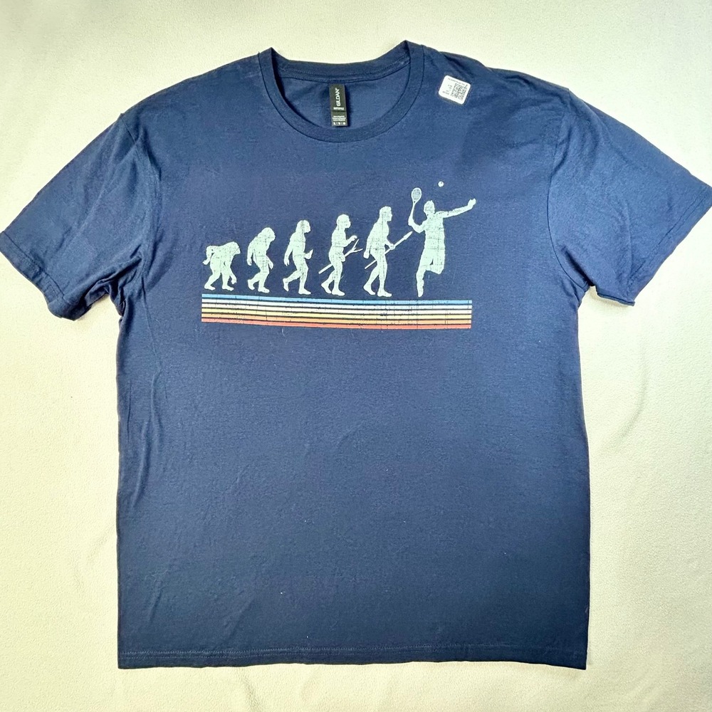 EVOLUTION of TENNIS MAN Graphic T-Shirt NEW Mens XL Navy Blue Retro 100% Cotton